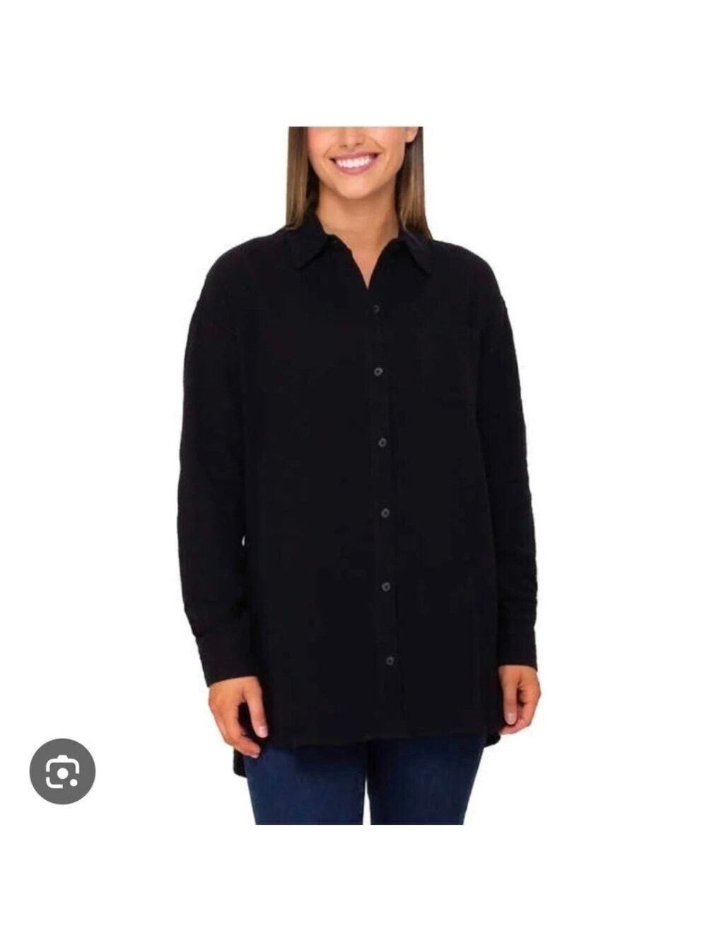 Rachel Roy Button Up Gauze Black Long Sleeve Top Size Small
